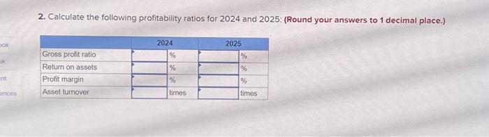 below. 2. Calculate the following profitability ratios for 2024 and 2025: (Round