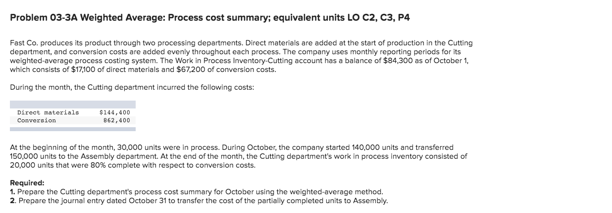  Problem 03-3A Weighted Average: Process cost summary; equivalent units LO C2,