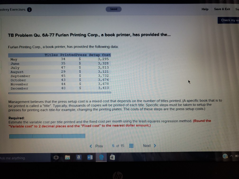  astery Exercises Save & ExitSu Help Check my wo TB Problem