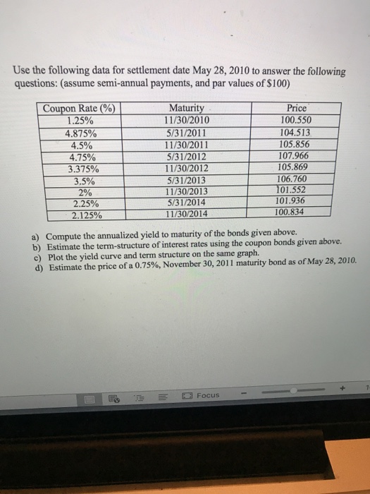  Use the following data for settlement date May 28, 2010 to