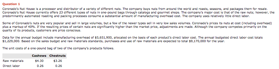  Question 1 Coronado's Nut House is a processor and distributor of