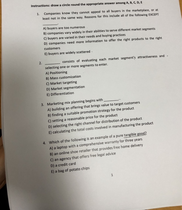  Instructions: draw a circle round the appropriate answer among A, B,