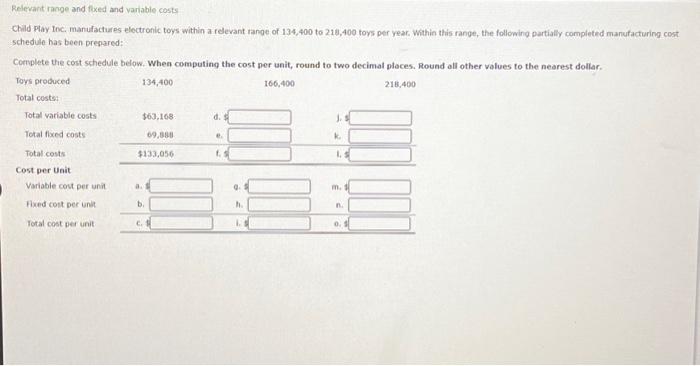  Relevant range and fixed and varlable costs Child Ptay toc. manufactures