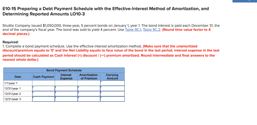 E10-15 Preparing a Debt Payment Schedule with the Effective-Interest Method of