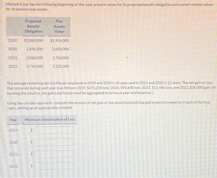  Metlock Corp. has the following beginning-of-the-year present values for its projected