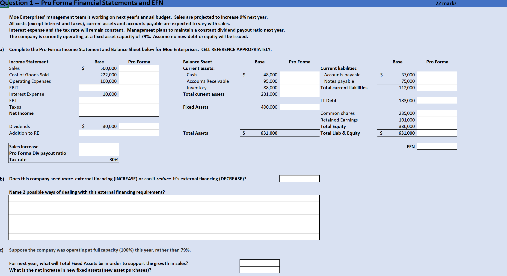  Question 1 -- Pro Forma Financial Statements and EFN 22 marks