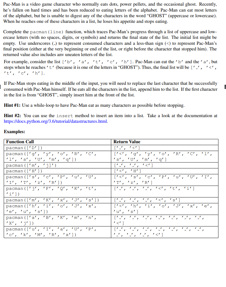  Python Pac-Man is a video game character who normally eats dots,