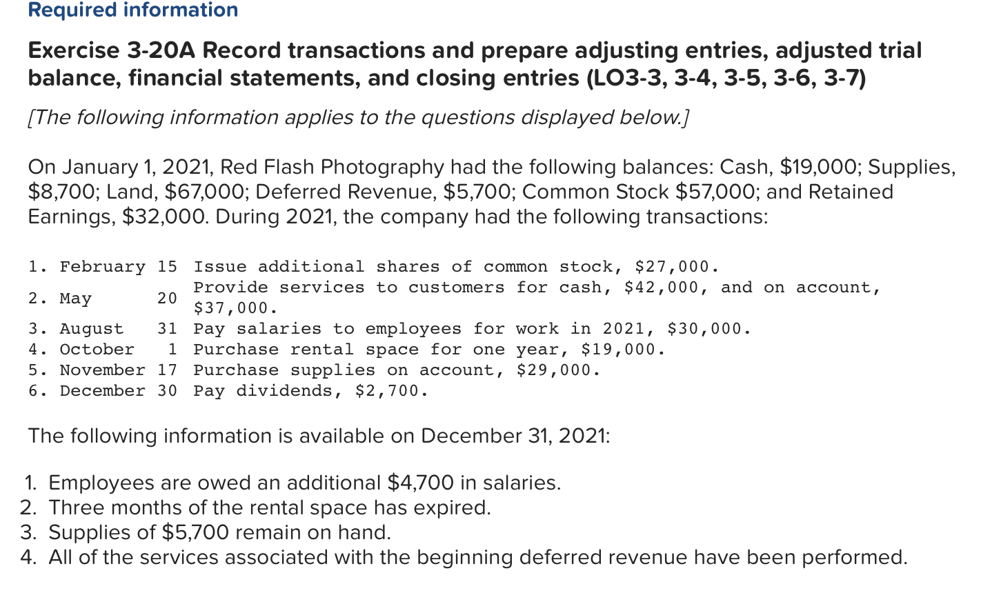 Required information Exercise 3-20A Record transactions and prepare adjusting entries, adjusted