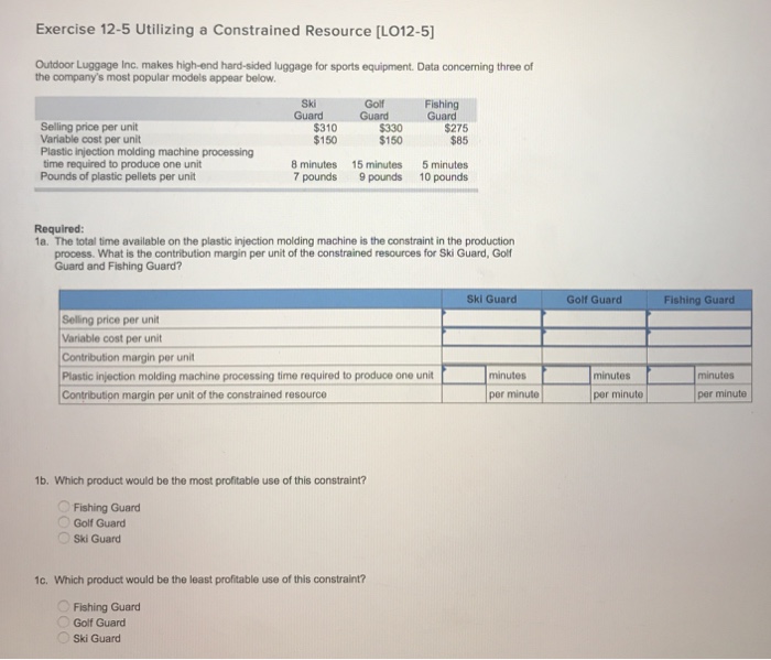  Exercise 12-5 Utilizing a Constrained Resource [LO12-5] Outdoor Luggage Inc. makes
