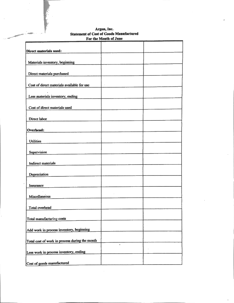 in the format attached? Thank you so much! Statement of Cost of