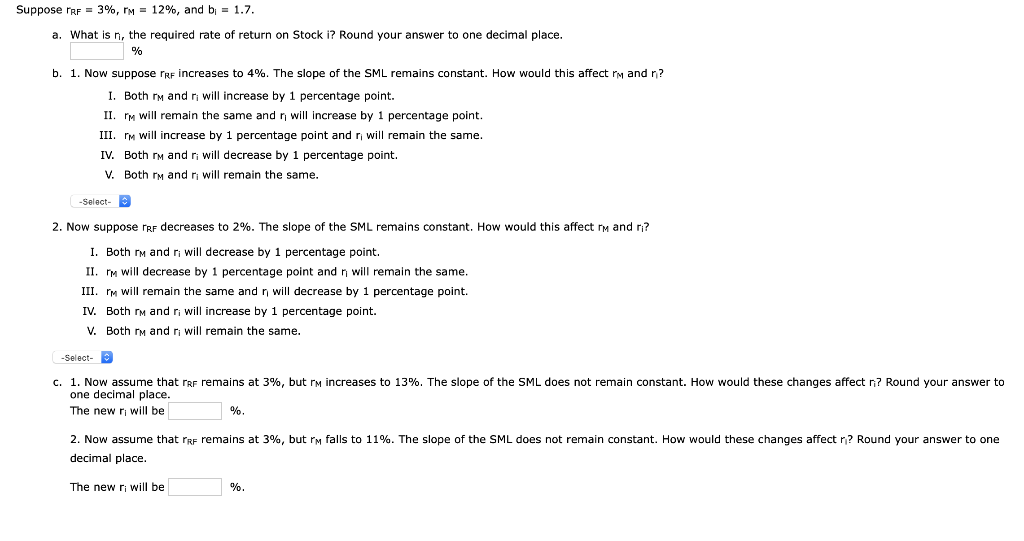 Suppose RF = 3%, I'M = 12%, and b = 1.7.