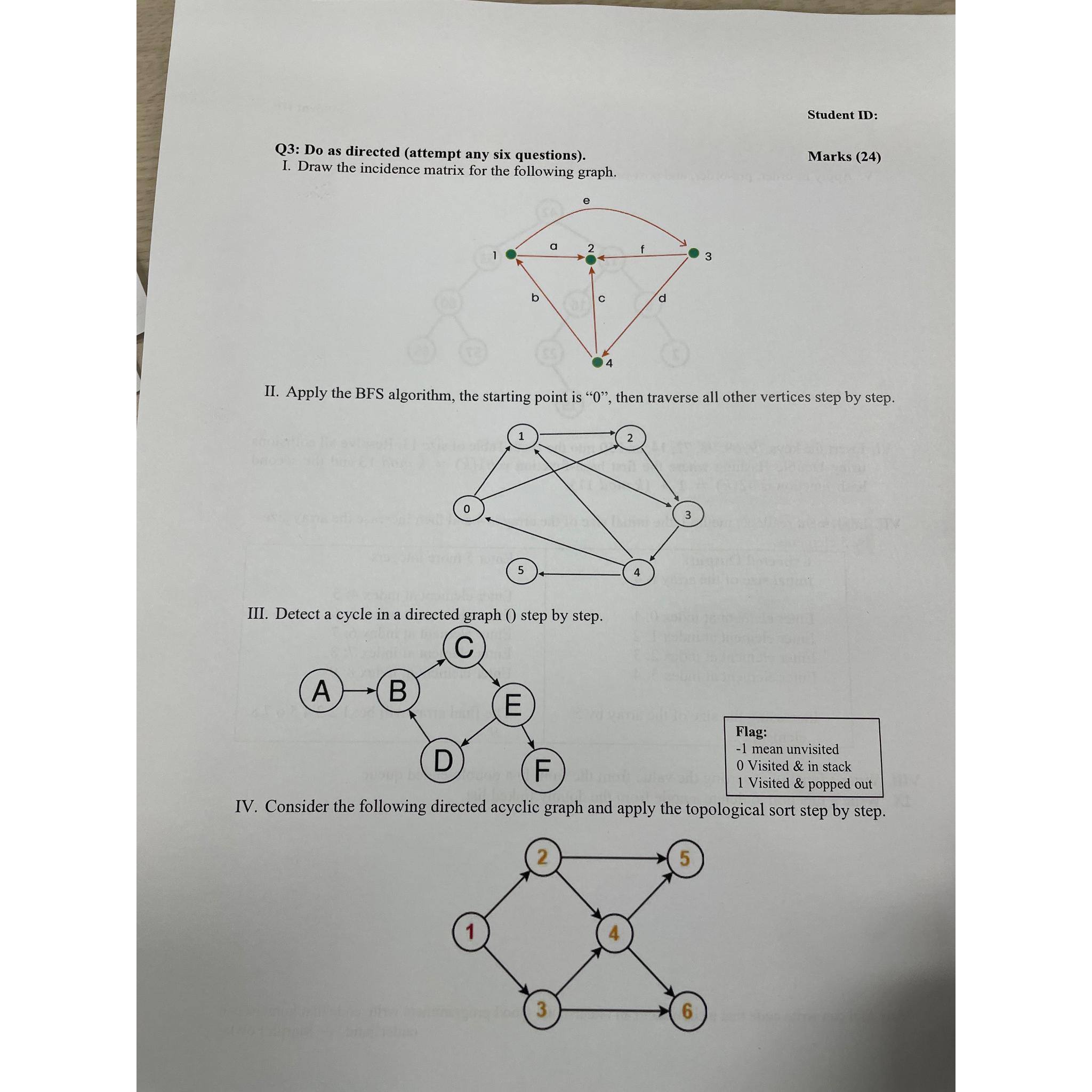  Student ID: Q3: Do as directed (attempt any six questions). Marks