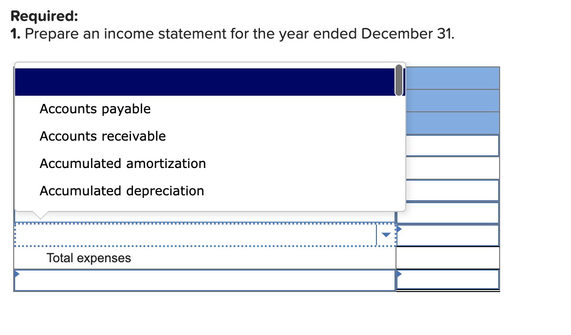 December 31. Required: 1. Prepare an income statement for the year ended