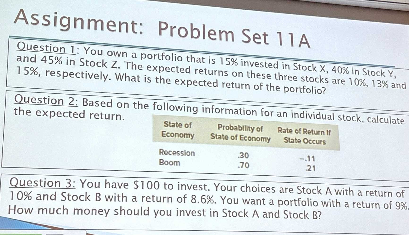  Assignment: Problem Set 11A Question 1: You own a portfolio that