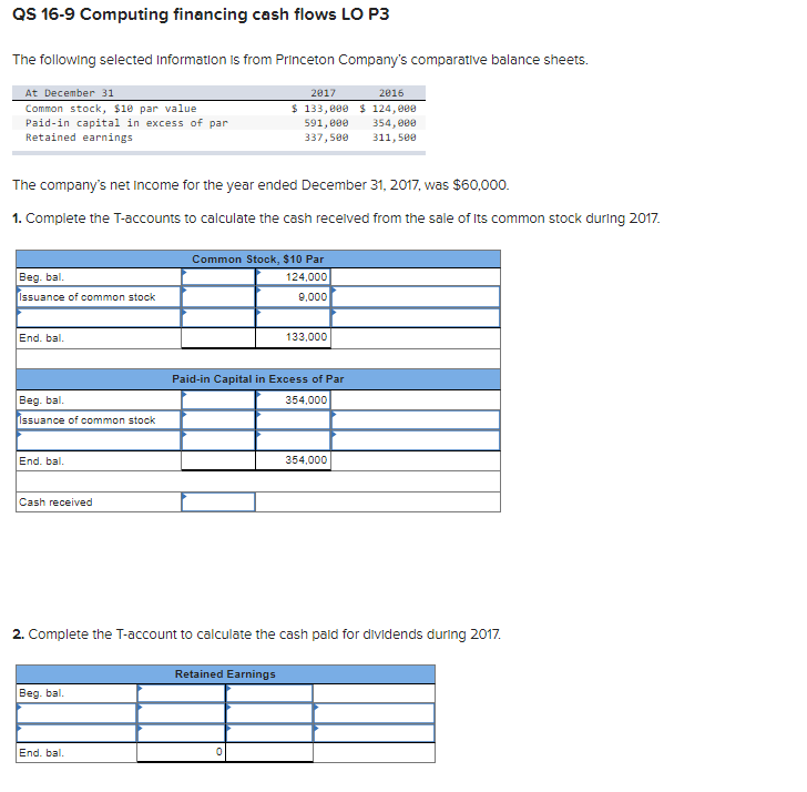  QS 16-9 Computing financing cash flows LO P3 The following selected