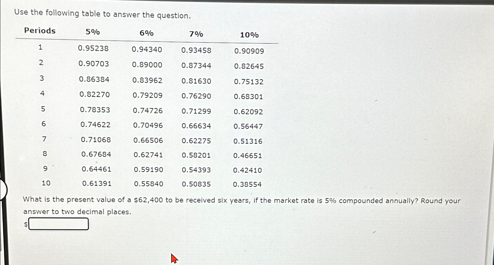  Use the following table to answer the question. \table[[Periods,5%,6%,7%,10% 