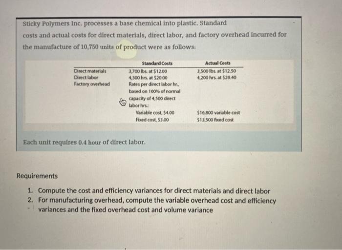  HELP PLEASE ! Due Tommorow ! Sticky Polymers Inc. processes a