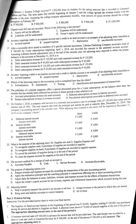  J e received P 1.200,000 from its students for the spring