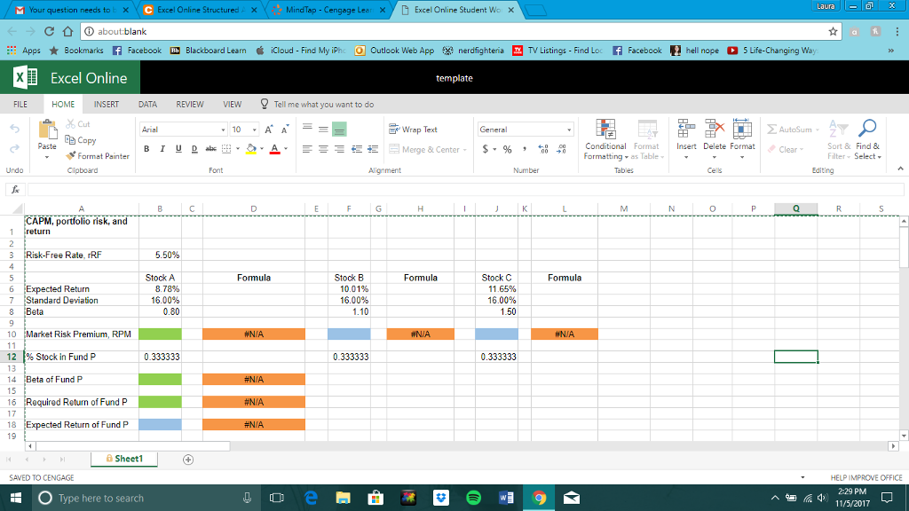 Excel Online Structured Activity: CAPM, portfolio risk, and return Consider the following