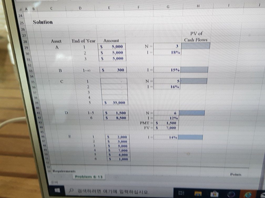information provided in the following table, find the value of each asset