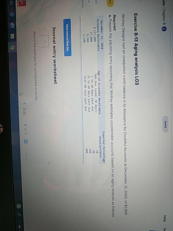  ode: Chapter 8 Saved Help Se Exercise 8-13 Aging analysis LO3