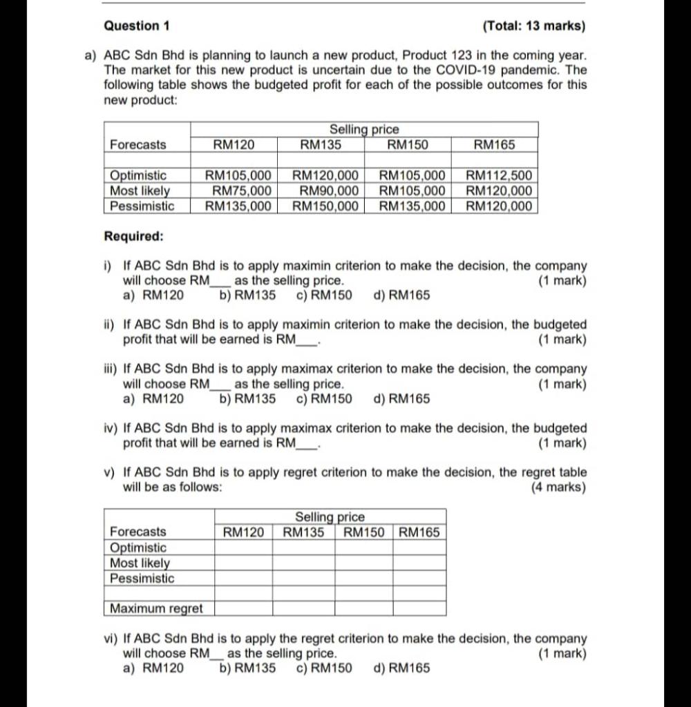  a) ABC Sdn Bhd is planning to launch a new product,