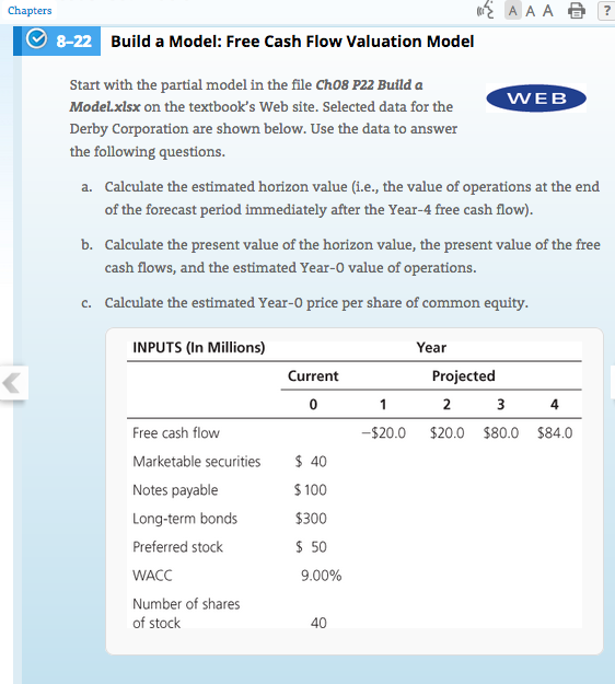  Chapters A A A ? 8-2 Build a Model: Free Cash