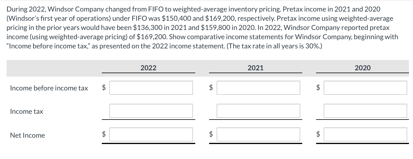  During 2022 , Windsor Company changed from FIFO to weighted-average inventory
