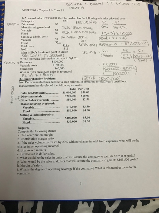  ACCT 2060- Chapter 5 In Class BP . At annual sales