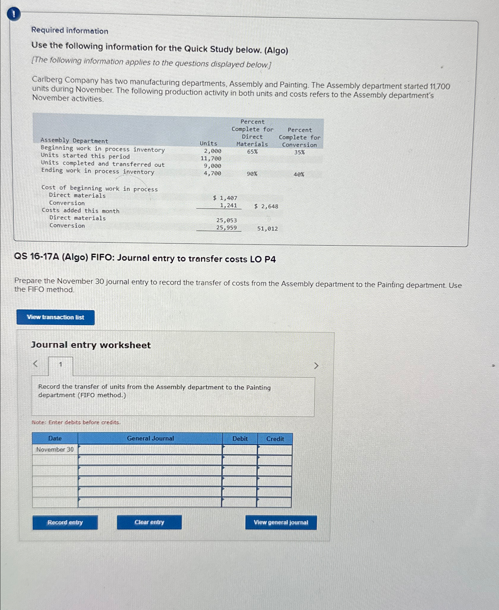  1 Required information Use the following information for the Quick Study