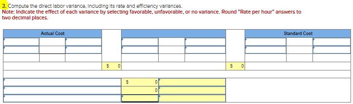 3. Compute the direct labor varlance, Including Its rate and efficlency varlances.
