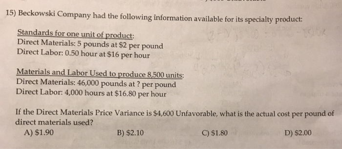  Show all work r its specialty product: Standards for one unit
