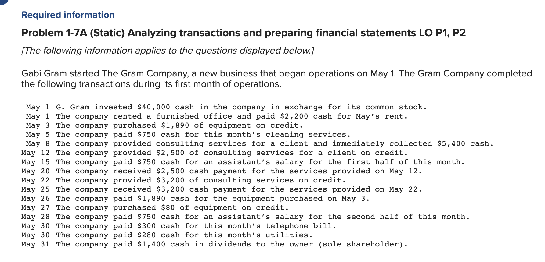 Problem 1-7A (Static) Part 2 and 3 2-a. Prepare the income statement