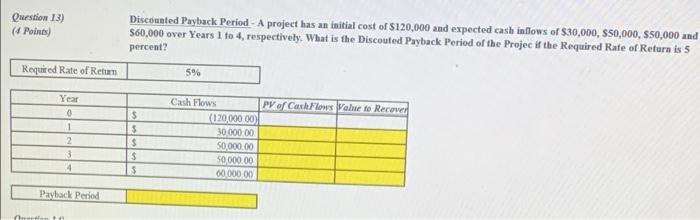  Question 13) (Points) Discounted Payback Period - A project has an