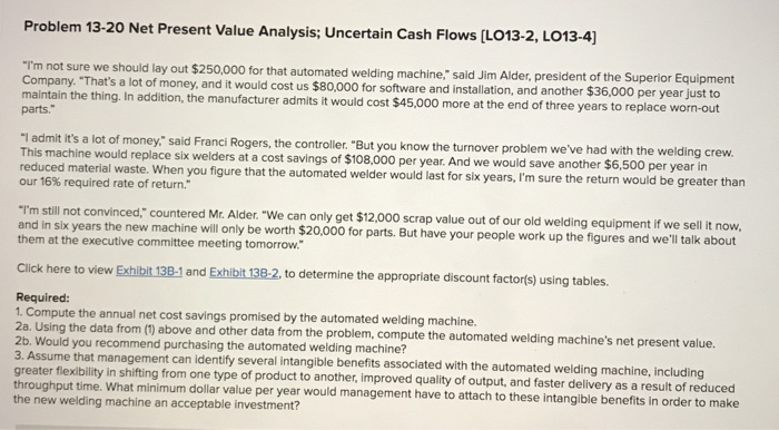  Problem 13-20 Net Present Value Analysis; Uncertain Cash Flows [L0132, Lo13-41