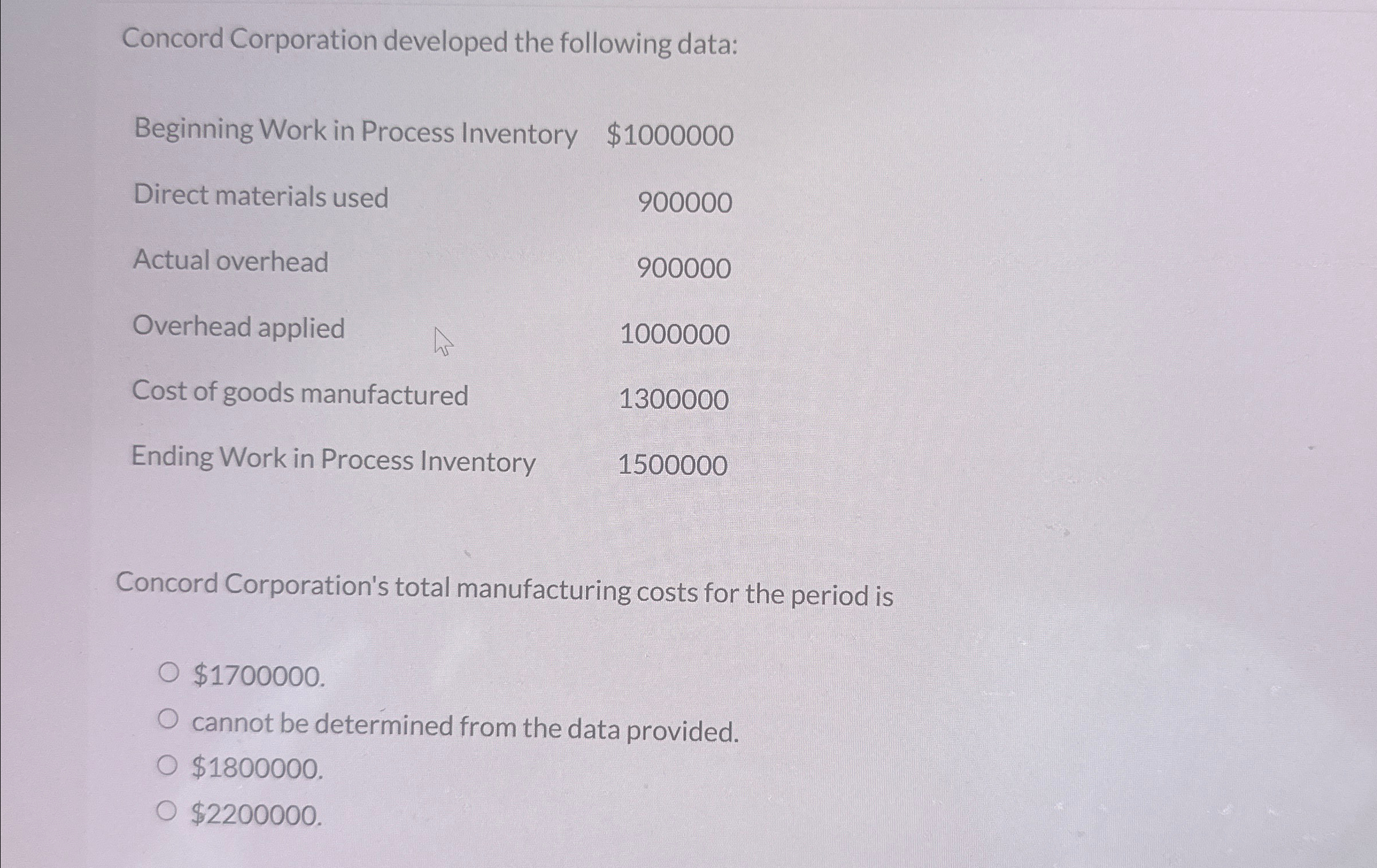  Concord Corporation developed the following data: \table[[Beginning Work in Process Inventory,$1000000