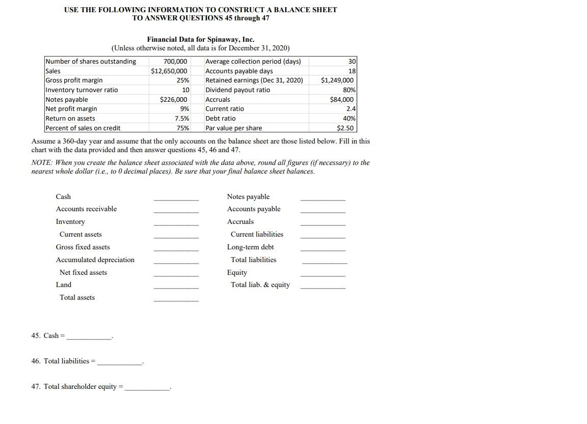  USE THE FOLLOWING INFORMATION TO CONSTRUCT A BALANCE SHEET TO ANSWER