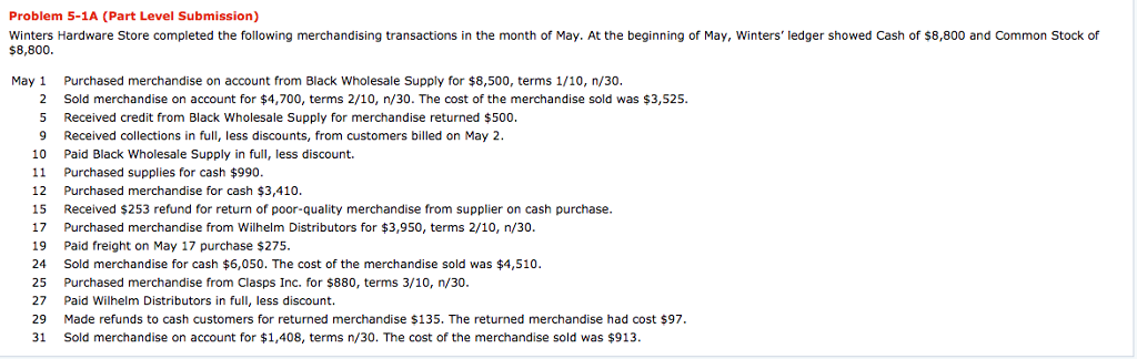 Problem 5-1A (Part Level Submission) Winters Hardware Store completed the following