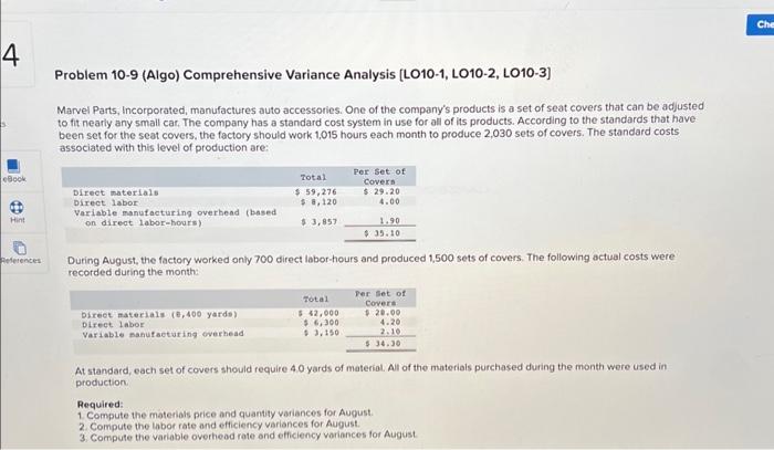  Problem 10-9 (Algo) Comprehensive Variance Analysis [LO10-1, LO10-2, LO10-3] Marvel Parts,
