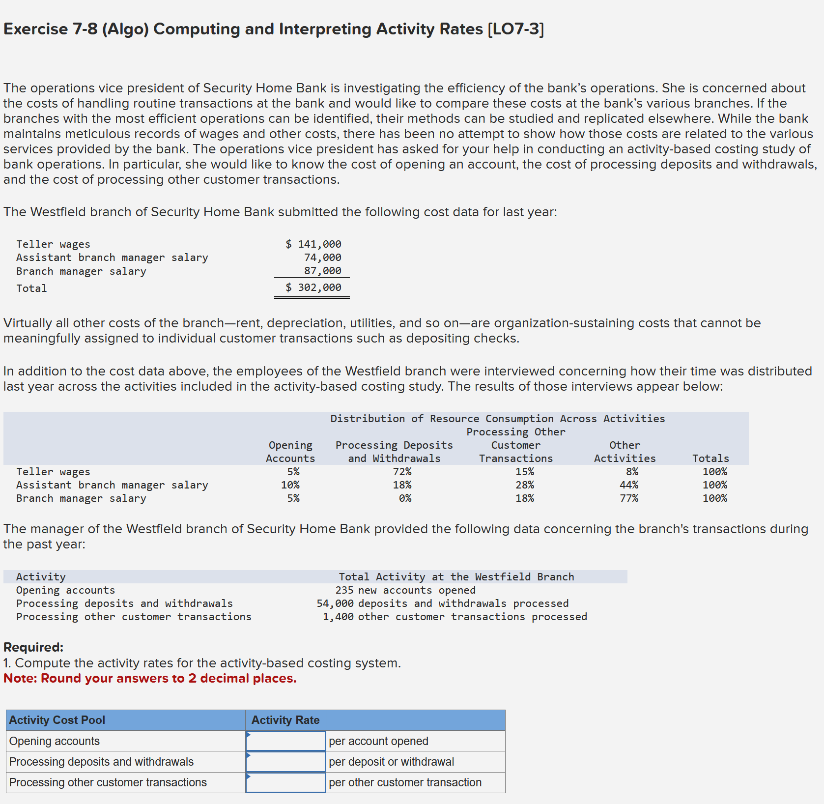  Exercise 7-8(Algo) Computing and Interpreting Activity Rates [LO7-3] The operations vice
