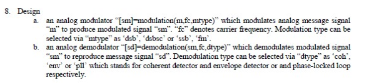 i need MATLAB CODE also 8. Design an analog modulator [sm]=modulation(m,fc.mtype)" which