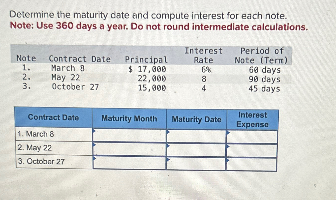  Determine the maturity date and compute interest for each note. Note:
