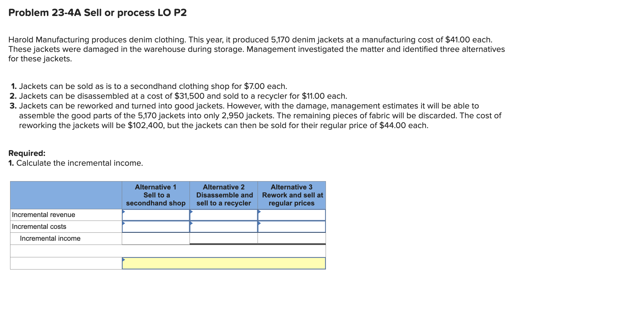  Problem 23-4A Sell or process LO P2 Harold Manufacturing produces denim