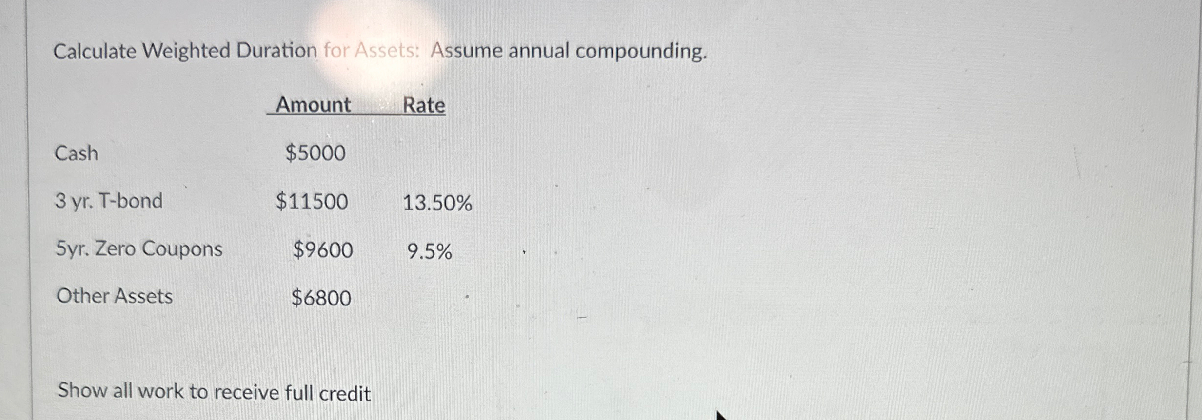  Calculate Weighted Duration for Assets: Assume annual compounding. \table[[,Amount,Rate],[Cash,$5000,],[3 yr. T-bond,$11500,13.50%