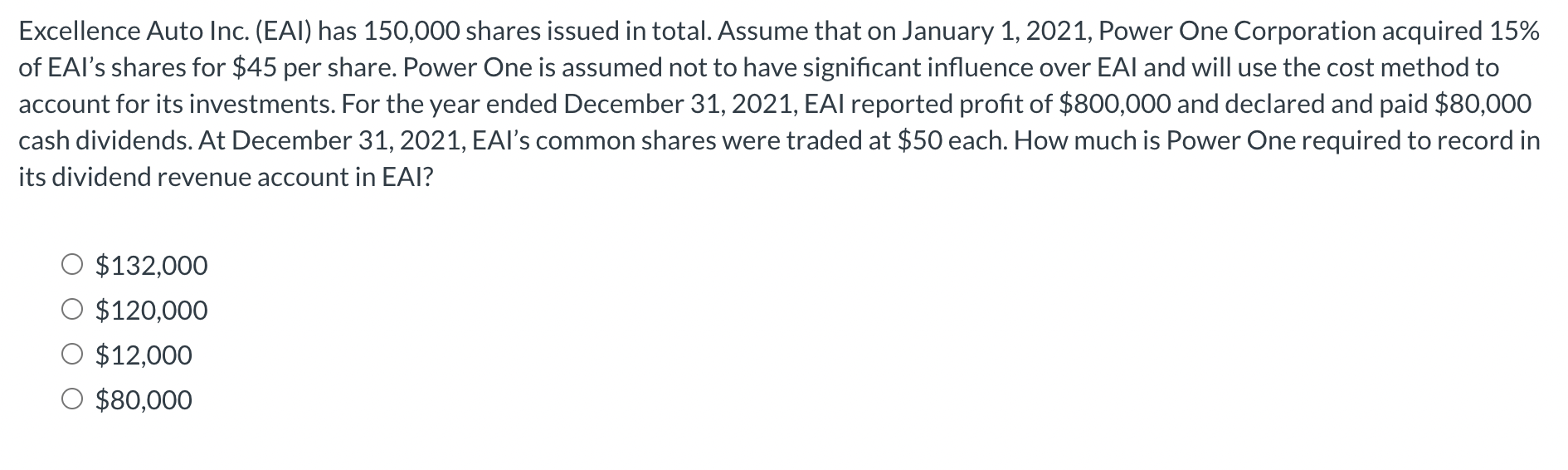  Excellence Auto Inc. (EAI) has 150,000 shares issued in total. Assume