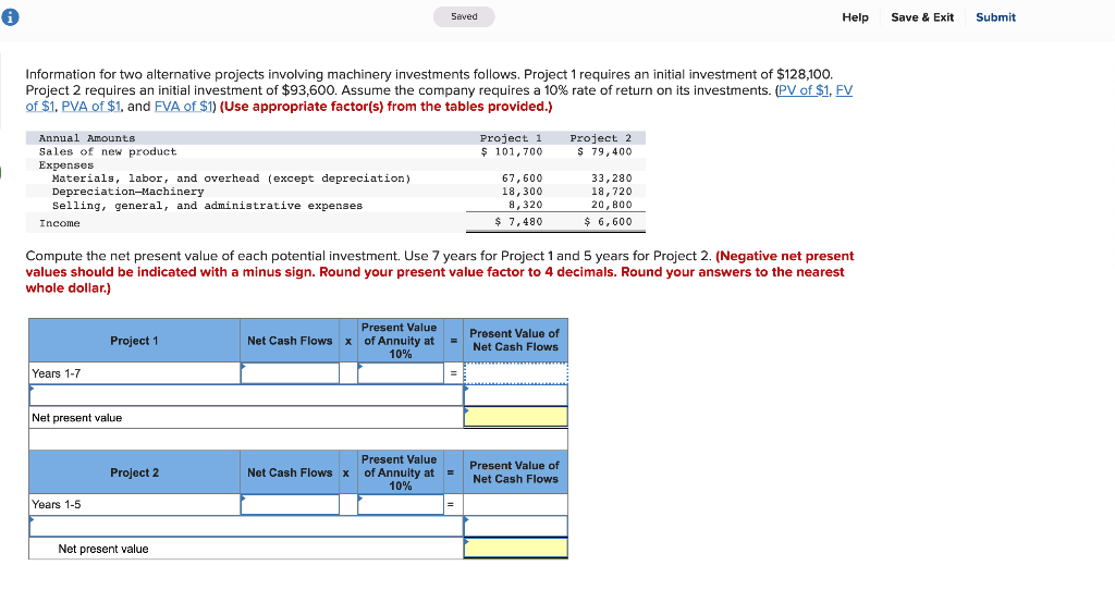 Saved Help Save & Exit Submit Information for two alternative projects