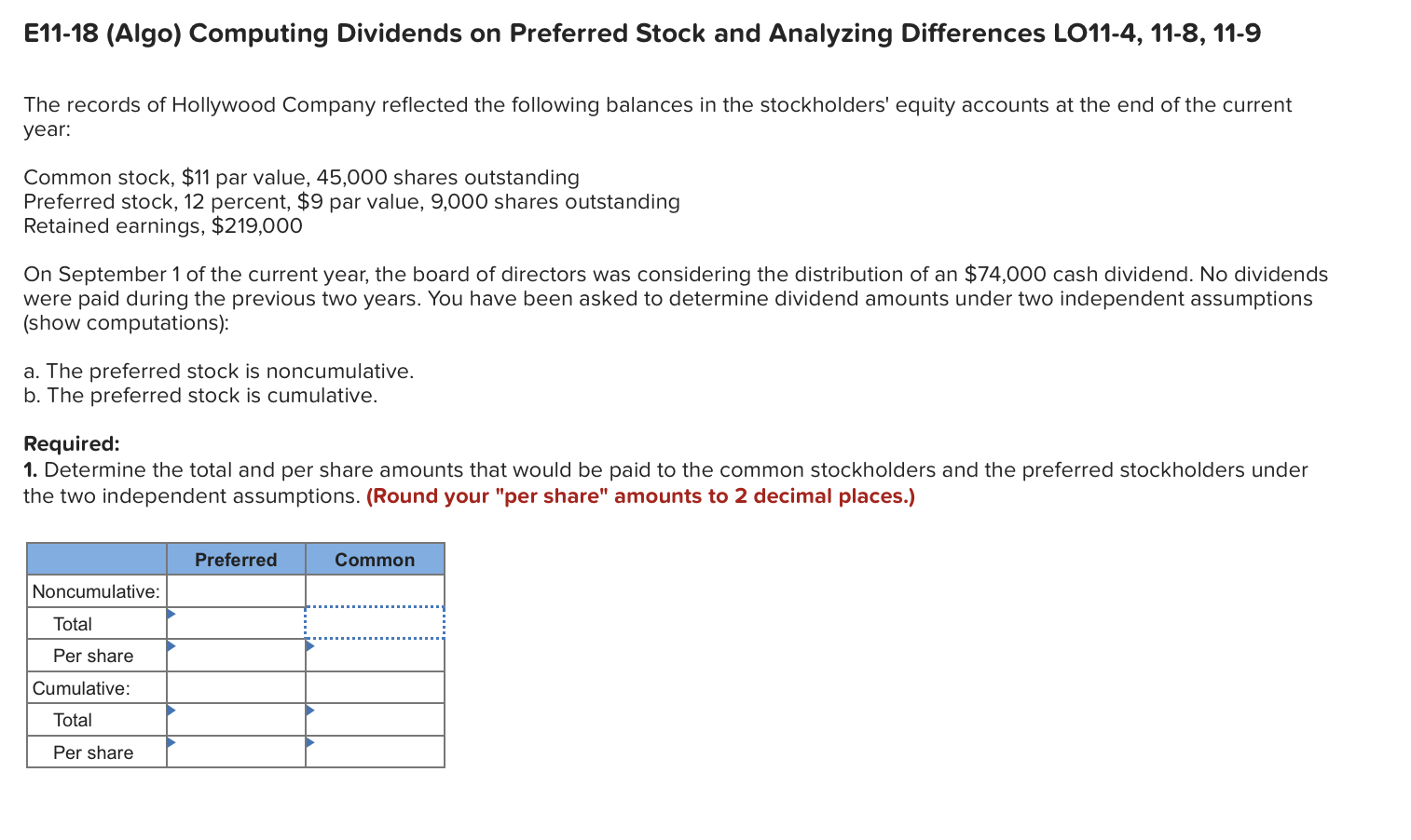  E11-18 (Algo) Computing Dividends on Preferred Stock and Analyzing Differences LO11-4,
