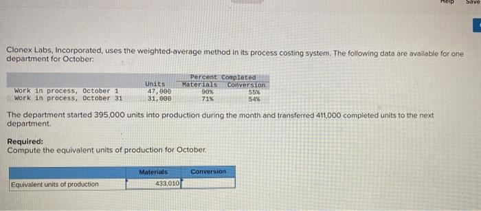  Save Clonex Labs, Incorporated, uses the weighted-average method in its process