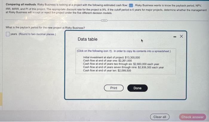 please show work Comparing all methods. Risky Business is looking at a