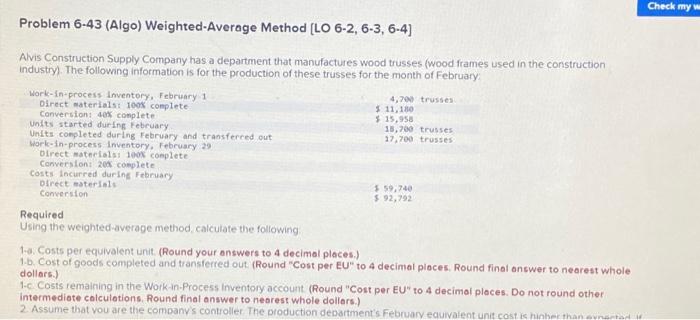 please answer both FIFO and weighted average questions. thanks! Problem 6.43 (Algo)